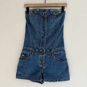 Vintage Tommy Jeans Denim Tube Top Romper 2002 - Size MED - Short Shorts Cheeky